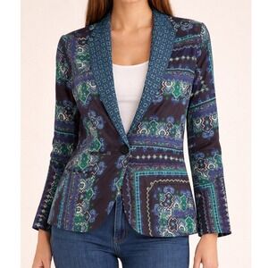 Chico's Women's Blazer Jacket Size 0 Geometric Print Blue Green Single Button